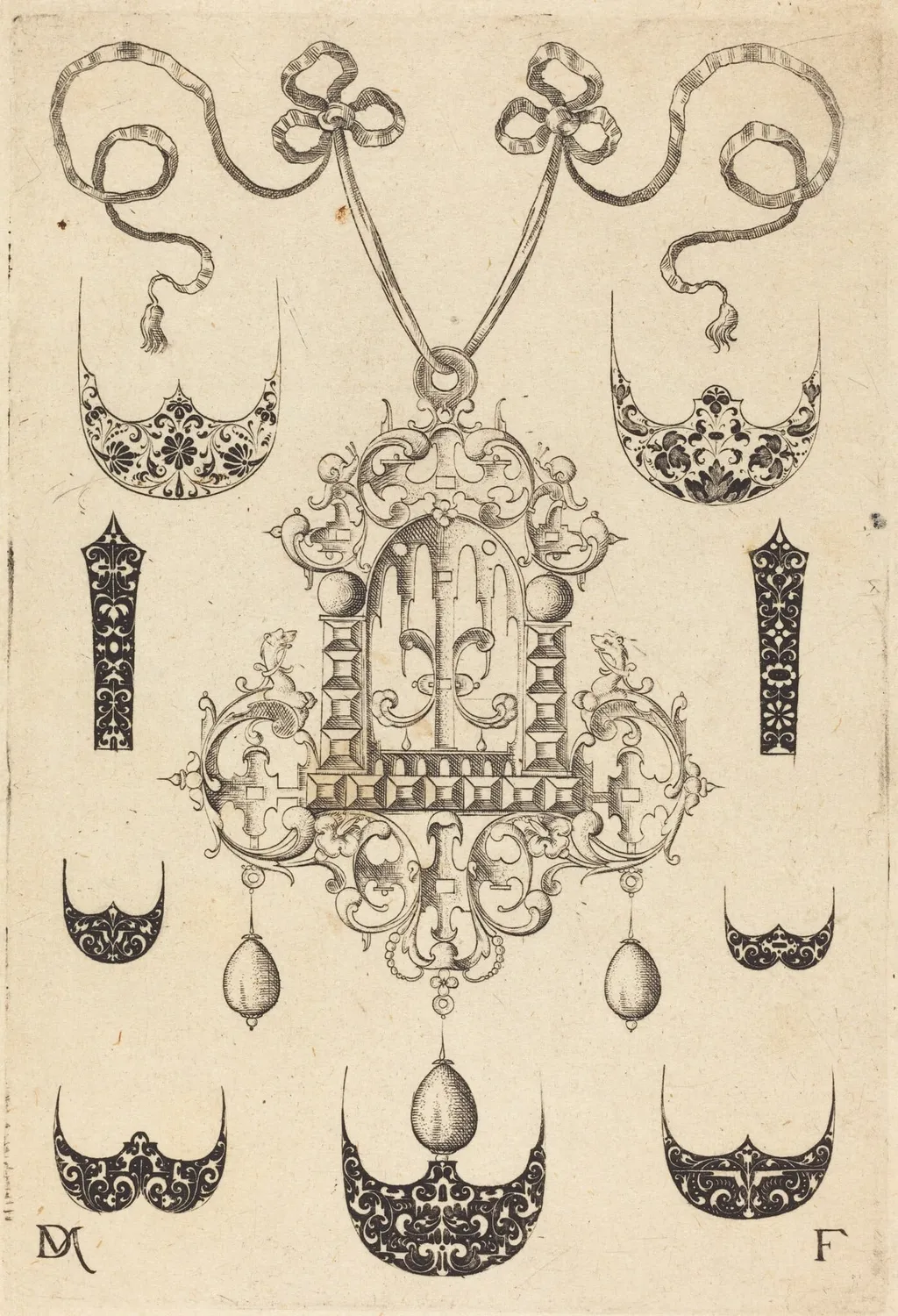 Pendant Surrounded by Seven Shields and Two Ornamental Bands, by Daniel Mignot, ink, 1593