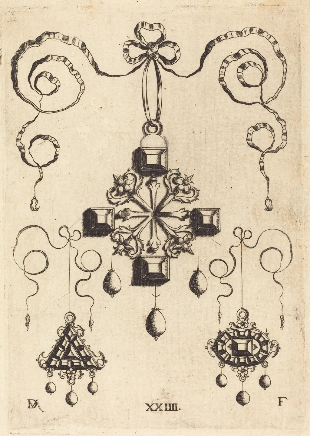 Pendant with Double Cross at Centre, Surrounded by Four Large Table-Stones, by Daniel Mignot, ink, 1584