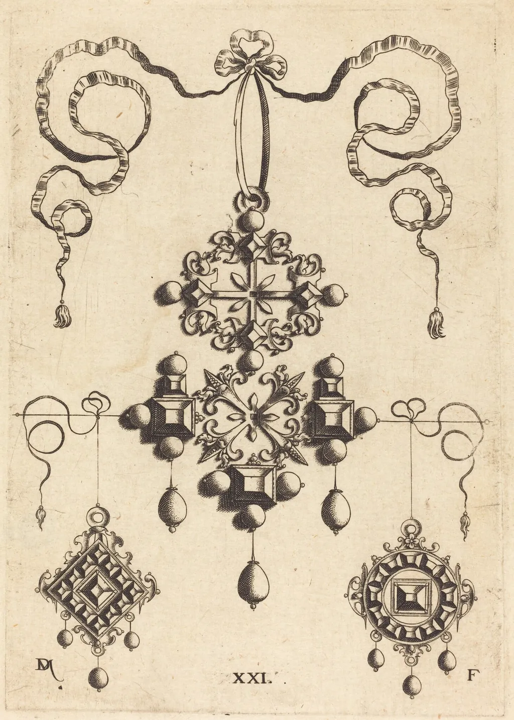 Pendant with Wheel at Centre, Surrounded by Four Table-Stones, by Daniel Mignot, ink, 1584