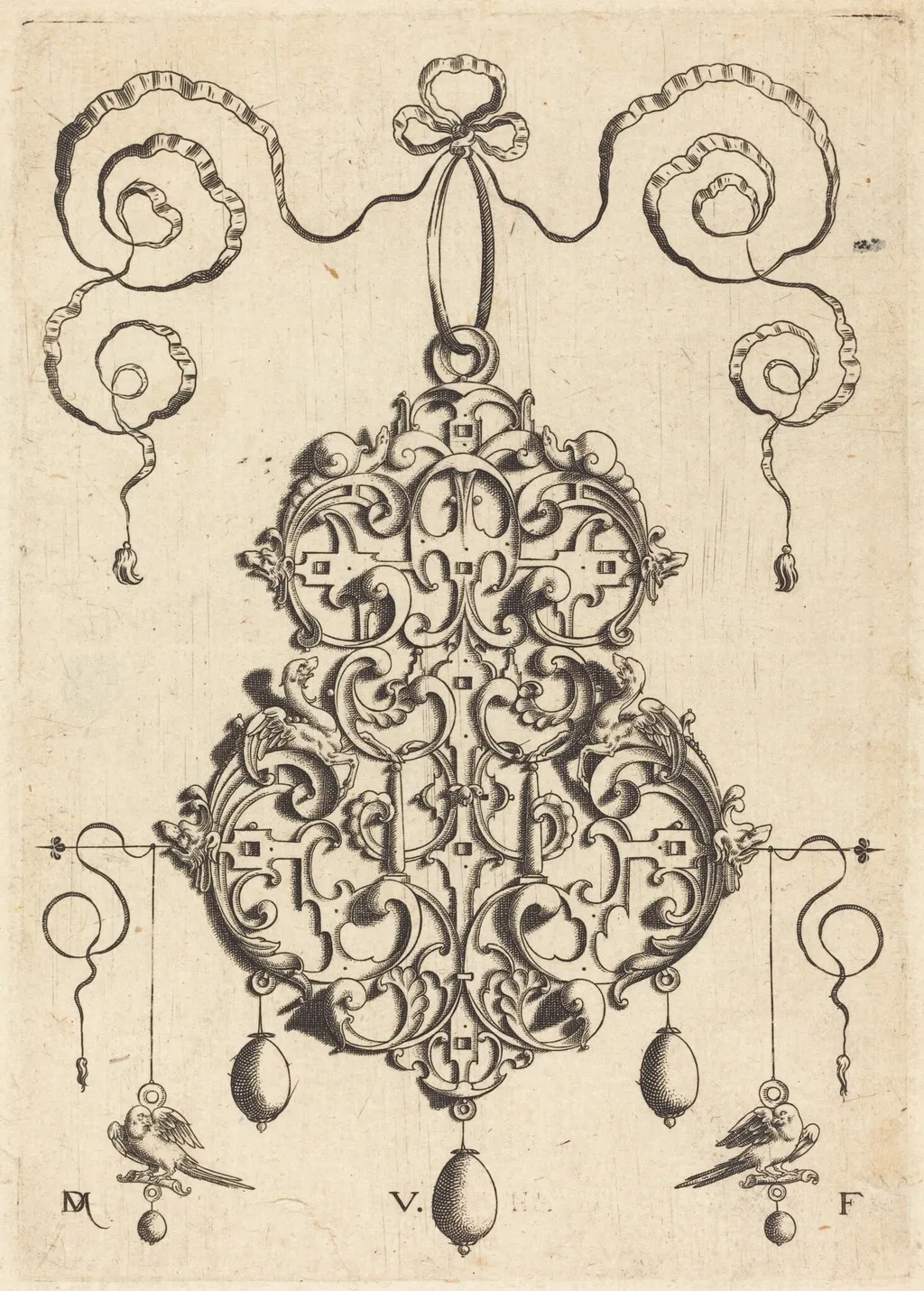 Strapwork Pendant with Two Birds as Earrings at Left and Right, by Daniel Mignot, ink, 1584