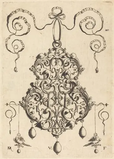 Strapwork Pendant with Two Birds as Earrings at Left and Right, by Daniel Mignot