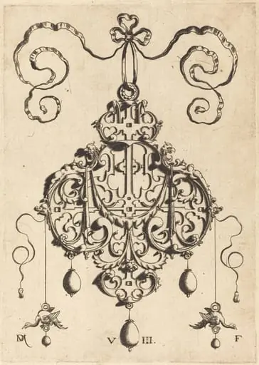 Strapwork Pendant with Two Eagles as Earringsat Left and Right, by Daniel Mignot