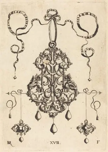 Strapwork Pendant with Two Square Tablestonesas Earrings at Left and Right, by Daniel Mignot