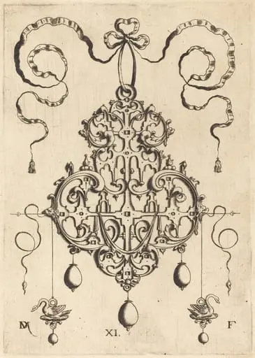 Strapwork Pendant with Two Swans as Earrings at Left and Right, by Daniel Mignot