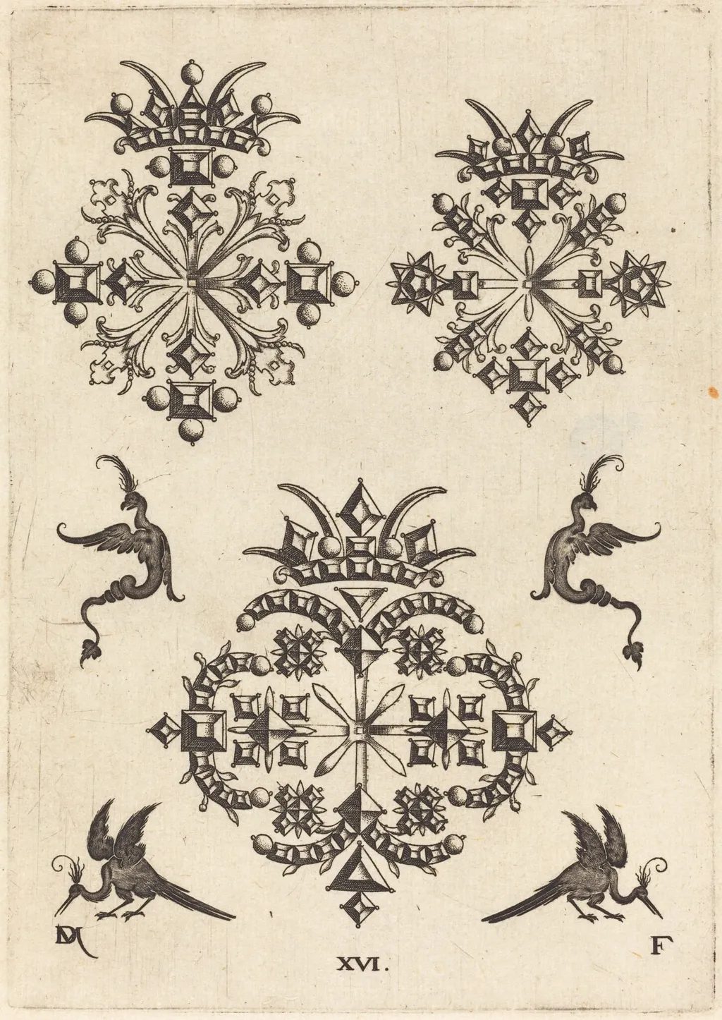 Three Brooches with Fantasy Birds at Left, Right, and Bottom, by Daniel Mignot, ink, 1596