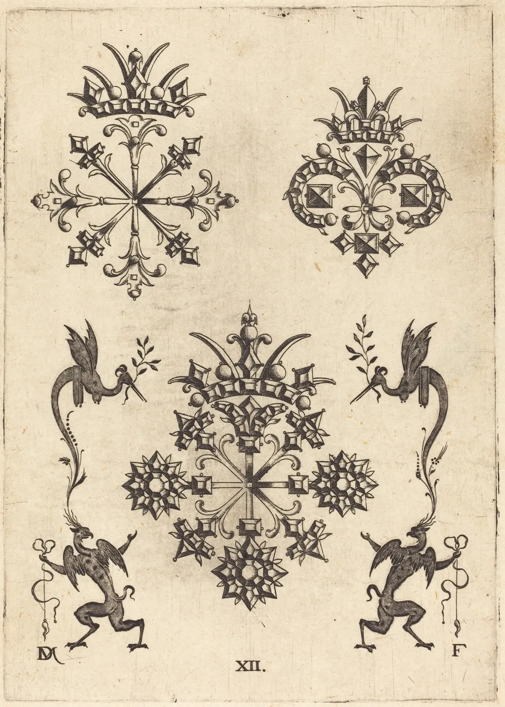 Three Brooches with Winged Snakes at Left and Right and Winged Griffins at Bottom, by Daniel Mignot, ink, 1596