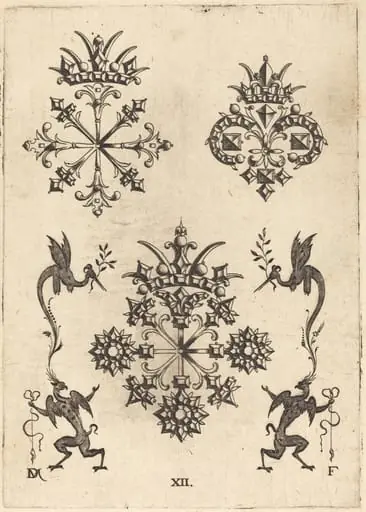 Three Brooches with Winged Snakes at Left and Right and Winged Griffins at Bottom, by Daniel Mignot