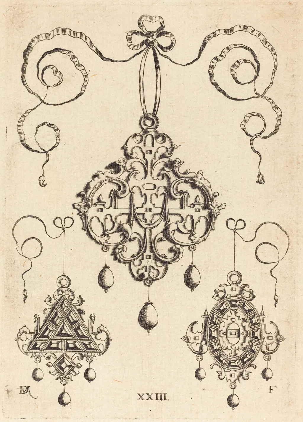 Three Strapwork Pendants, The Lower Ones Triangular and Oval, by Daniel Mignot, ink, 1584