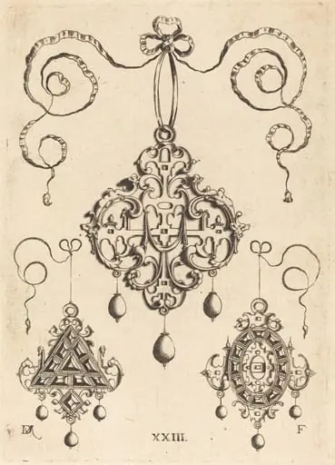 Three Strapwork Pendants, The Lower Ones Triangular and Oval, by Daniel Mignot