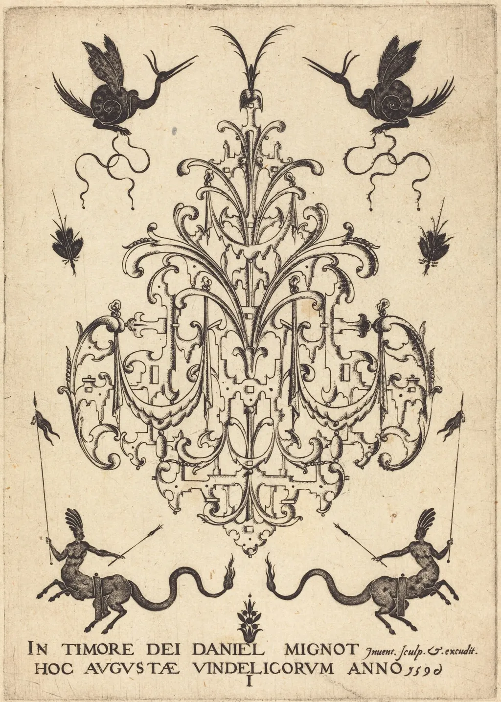 Title-Page: Brooch, Snail-like Animals Above, Centaurs with Banners at Bottom, by Daniel Mignot, ink, 1596
