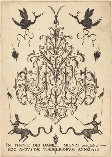 Title-Page: Brooch, Snail-like Animals Above, Centaurs with Banners at Bottom, by Daniel Mignot