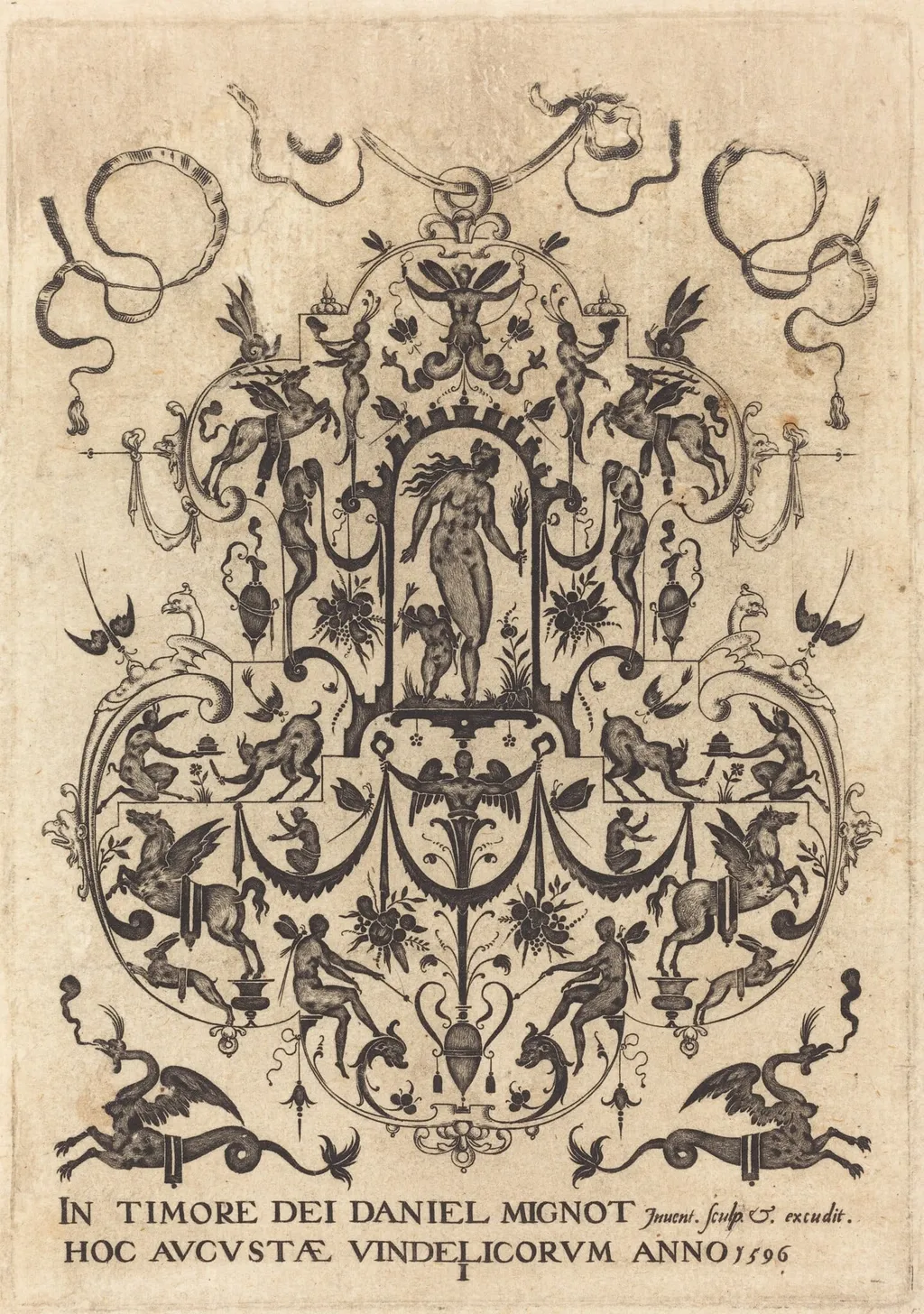 Title Page: Large Pendant, Venus and Amor at Centre, by Daniel Mignot, ink, 1596