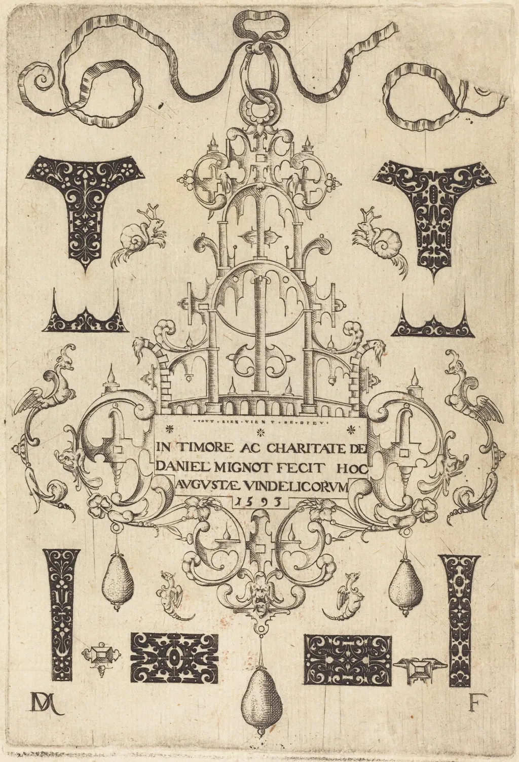 Title Page: Pendant, Surrounded by Eight Small Studs, by Daniel Mignot, ink, 1593