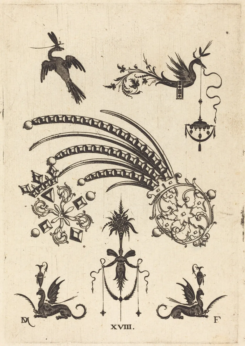 Two Brooches with Bird and Winged Snake at Top and Griffins with Vases at Bottom, by Daniel Mignot, ink, 1596