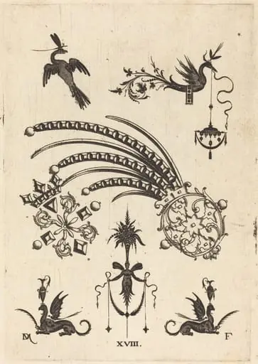Two Brooches with Bird and Winged Snake at Top and Griffins with Vases at Bottom, by Daniel Mignot