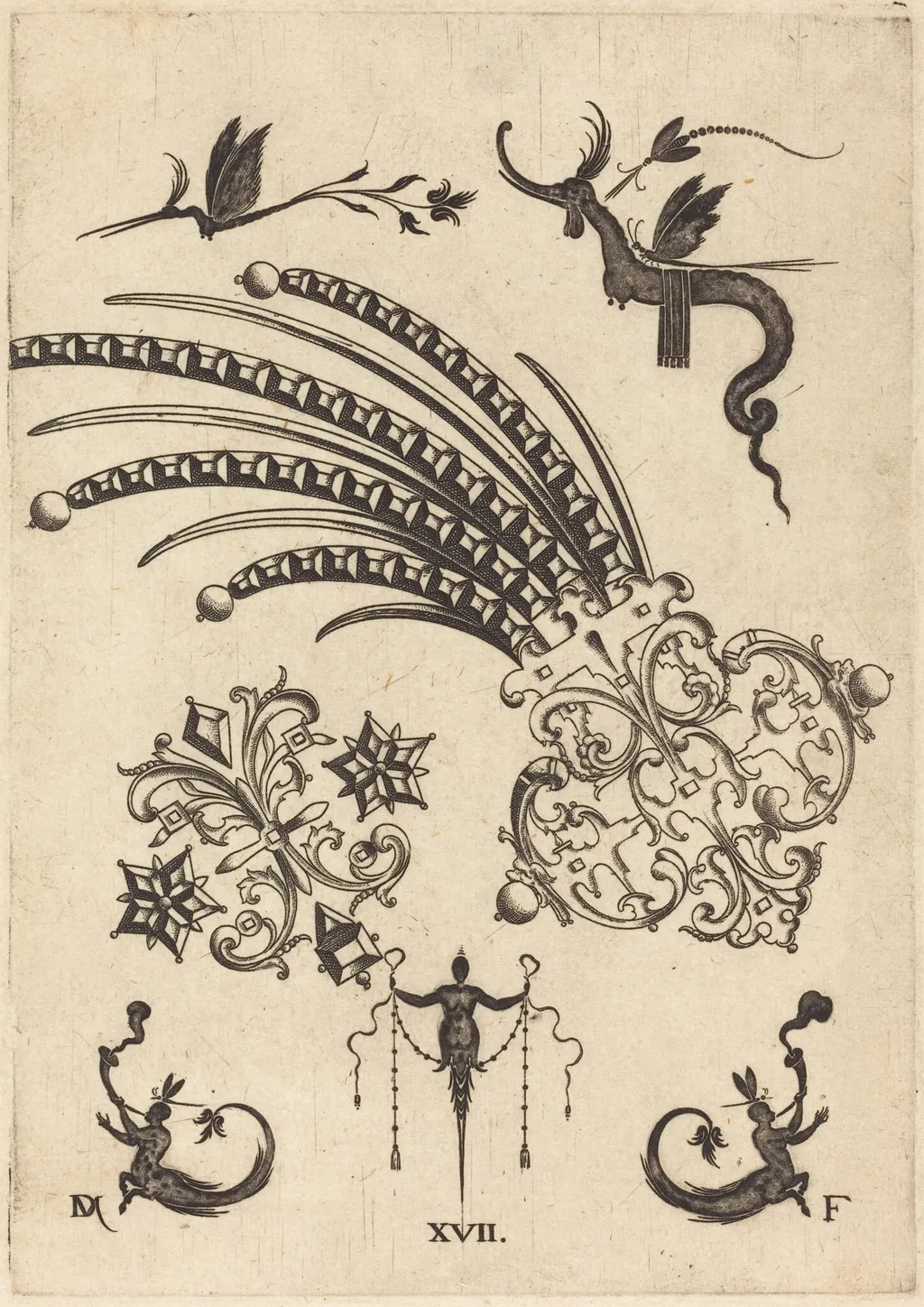 Two Brooches with Dragon and Insects at Top and Human Beings with Snake-like Tails atBottom, by Daniel Mignot, ink, 1596