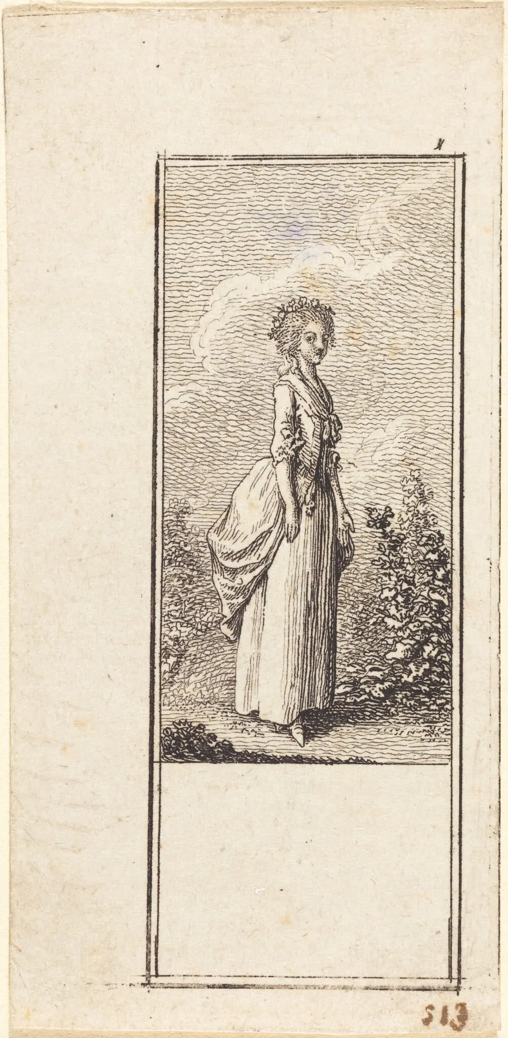 Girl with a Crown of Flowers, by Daniel Nikolaus Chodowiecki, ink, 1784
