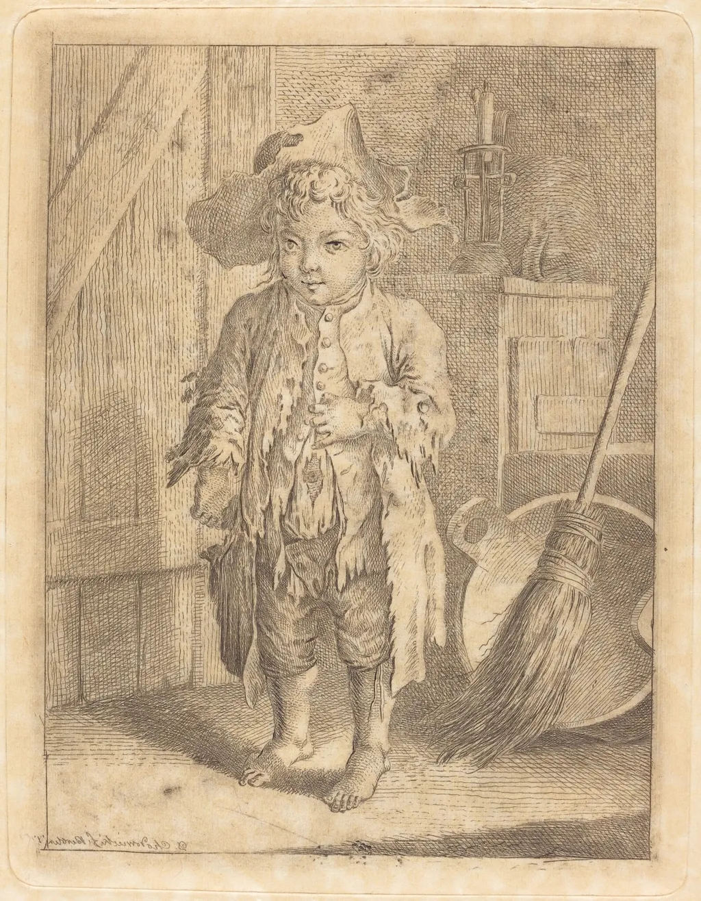 Poor Boy Showing His Navel, by Daniel Nikolaus Chodowiecki, ink, 1758