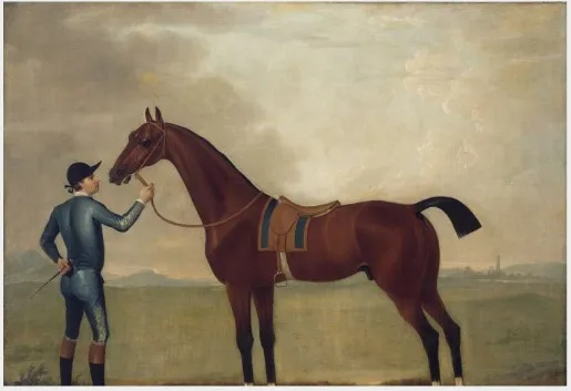 A Bay Racehorse with a Jockey in the Colours of Wyndham Quin, by Daniel Quigley, oil, 1770