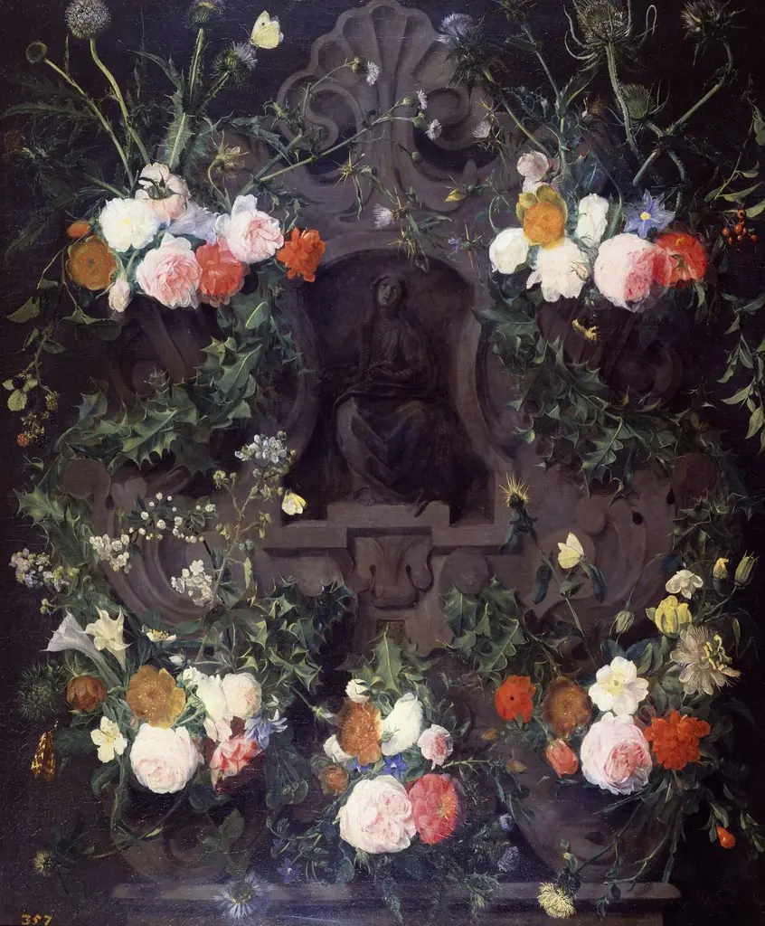 A Garland of Flowers on a Carved Stone Medallion, by Daniel Seghers