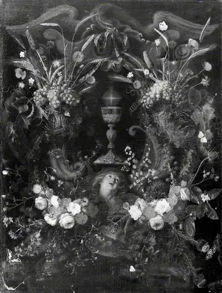 A Garland of Flowers Surrounding a Cartouche Containing an Angel's Head and the Holy Sacrament, by Daniel Seghers, 1635