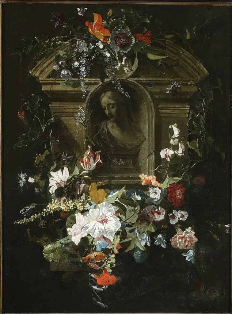 Bust of a woman in a circle of flowers, by Daniel Seghers