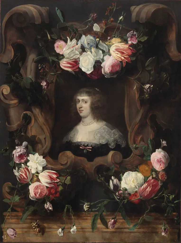 Cartouche decorated with flowergarlands surrounding a portrait of archduchess Maria Anna of Austria (1610-1665)