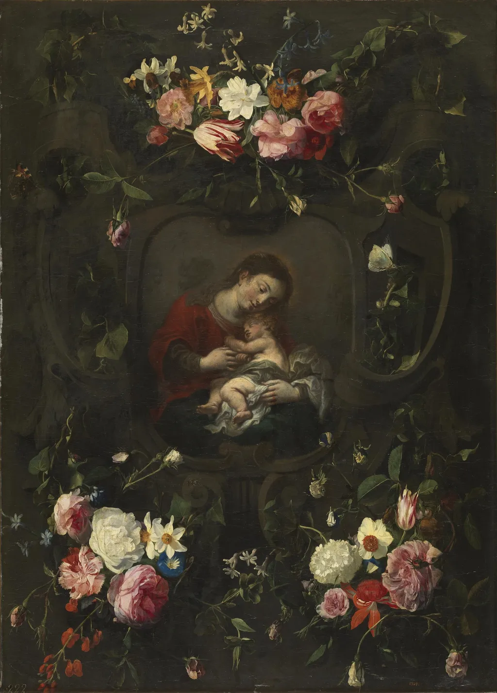 Flower garland around a Madonna and Child, by Daniel Seghers, oil, 1601