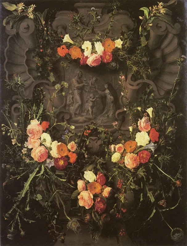 Saint Catherine of Siena Surrounded by a Garland of Flowers, by Daniel Seghers, oil, 1650