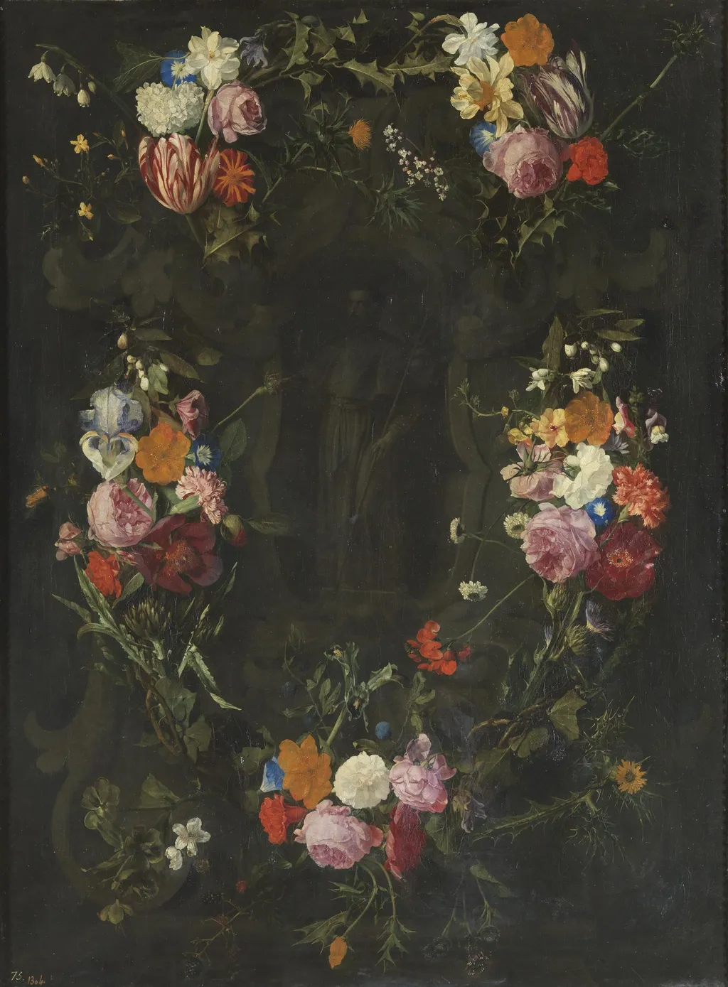 Saint Francis Xavier in a Garland, by Daniel Seghers, oil, 1635