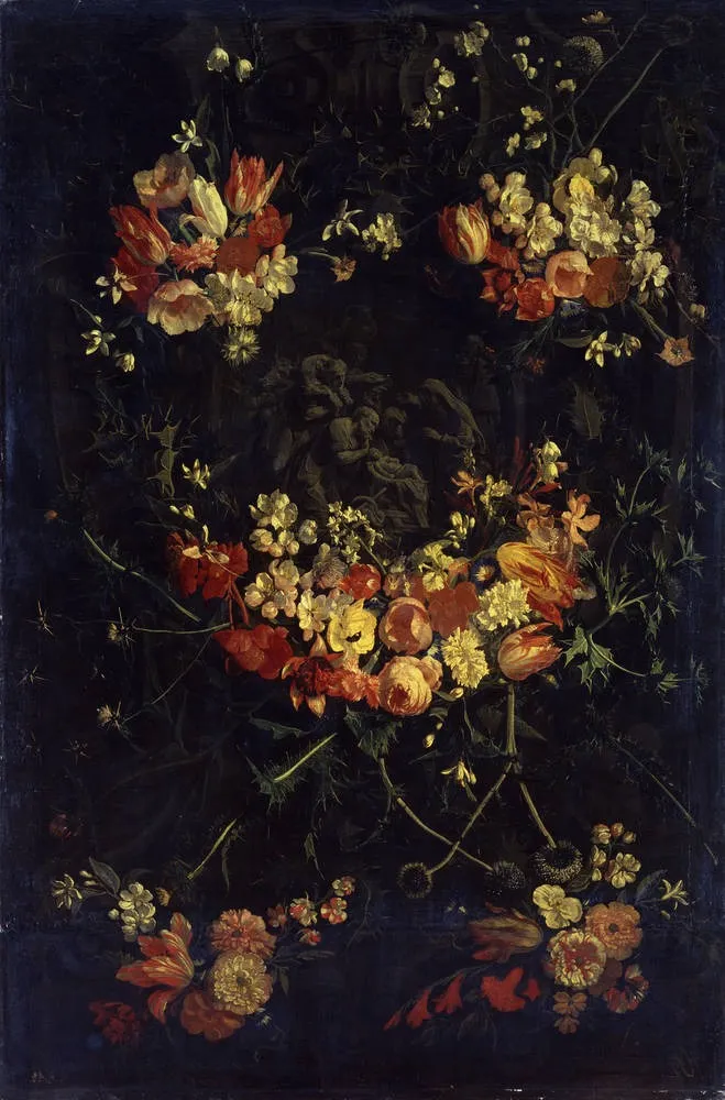 Sculpted cartouche adorned with flowergarlands with the adoration of the Christ-child by the shepherds, by Daniel Seghers, oil, 1652