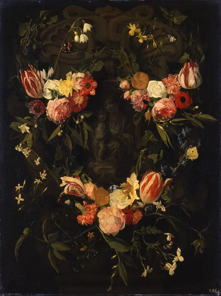 Sculpted cartouche adorned with flowers with a representation of the Virgin and Christ Child