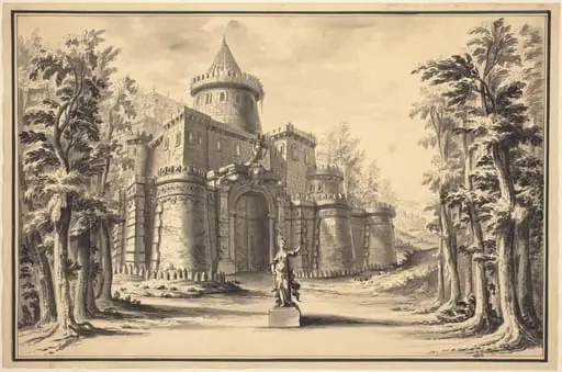 A Stage Set with a Statue and a Palace, by Daniel the Younger Marot