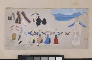 Dansende kvinder, dragtdetailler og et landskab