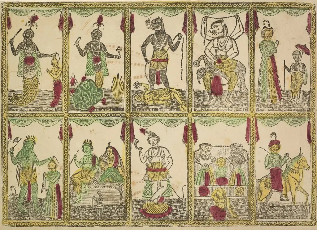 Das Avataras, Ten Incarnations of Vishnu (verso), from a Kalighat album, 1896