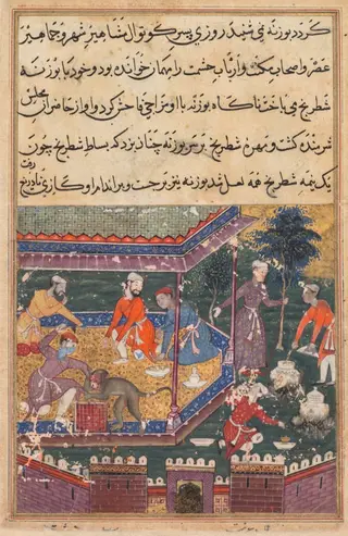 The wounded monkey bites the hand of the prince, his chessmate, in the presence of guests, from a Tuti-nama (Tales of a Parrot): Fifth Night, by Dasavanta