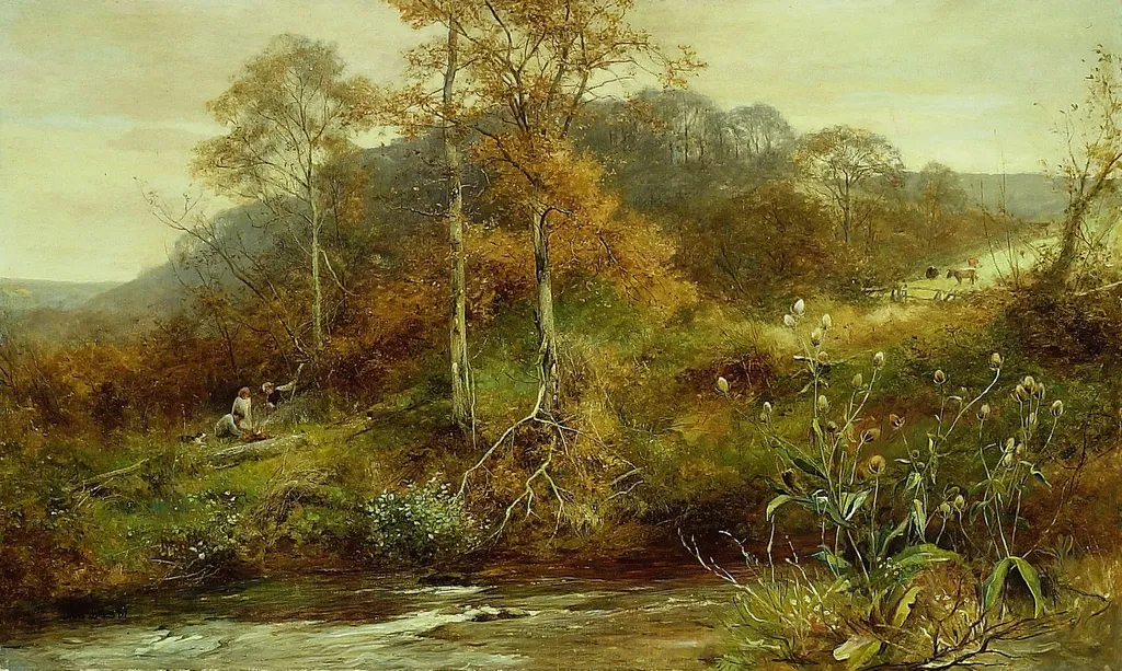 Autumn River Scene, The Brook, by David Bates, oil, 1895