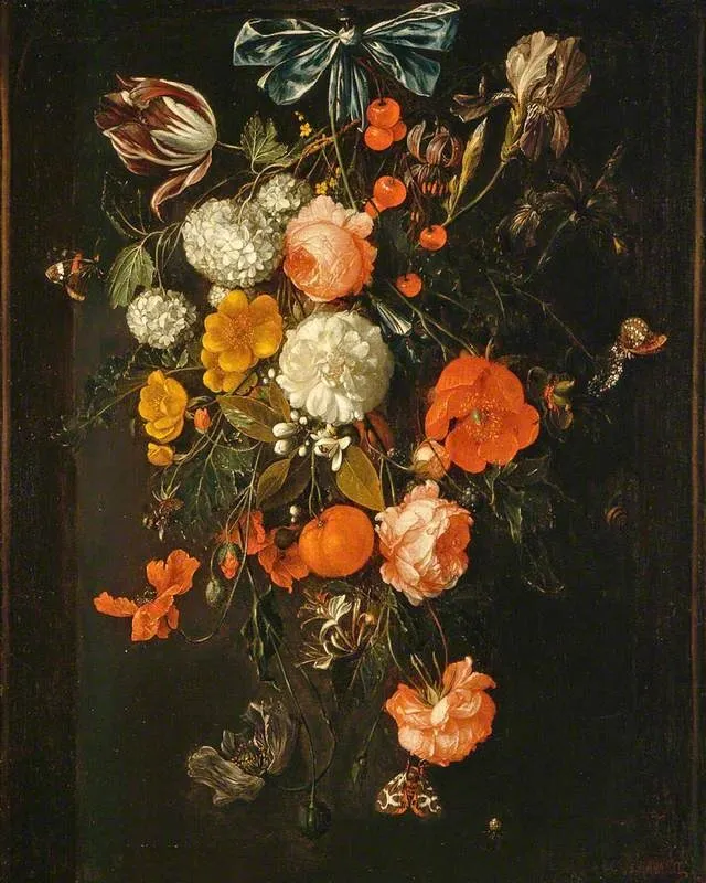 A festoon of flowers and fruit, by David Cornelisz de Heem, oil, 1692