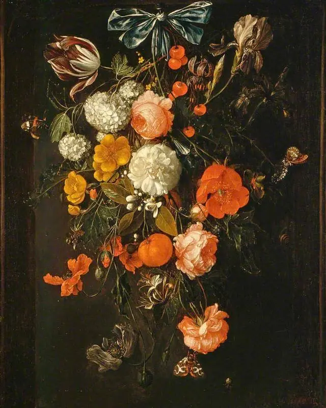 A festoon of flowers and fruit, by David Cornelisz de Heem