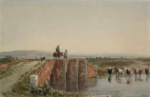 Landscape with Bridge, Figures and Cattle, by David Cox