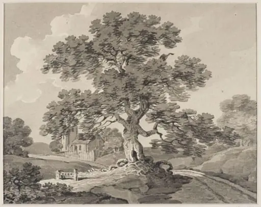 Landscape with church, by David Cox