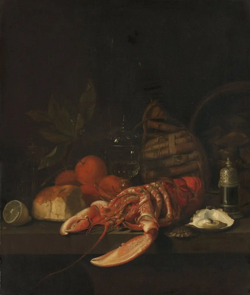 Still life with a lobster. oysters, bread, oranges, a lemon, a glass, a pepper shaker  and a wine casket