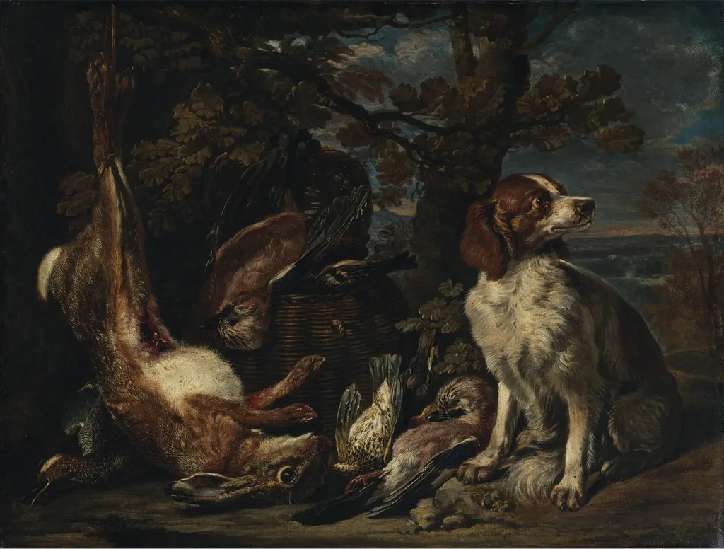 A Dog and Dead Game, by David de Coninck, oil, 1677