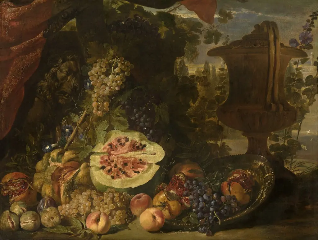 Fruit still life of pumpkin, melon, grapes, peaches and pomegranates; right a garden vase, left a sarcophagus, by David de Coninck