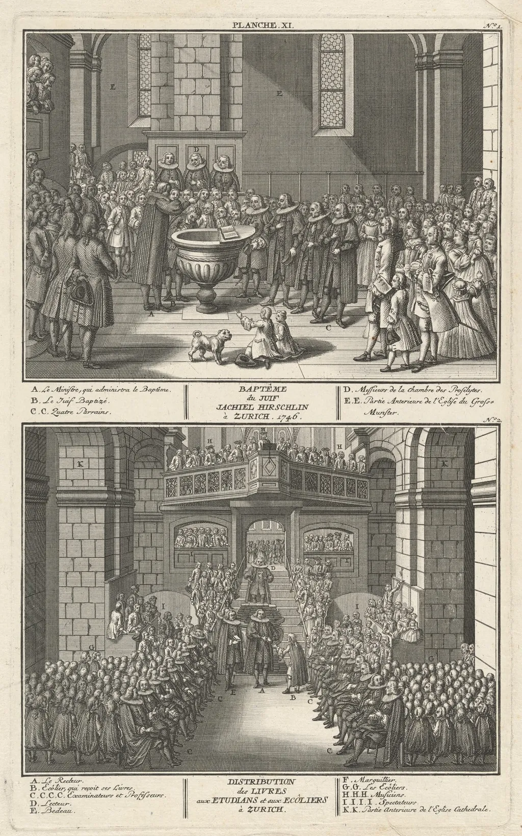 Baptême du Juif Jachiel Hirschlin à Zurich. 1746; Distribution des Livres avec Etudians et aux Ecôliers à Zurich (Baptism of Jachiel Hirschlin and Distribution of the Books), by David Herrliberger, ink, 1751