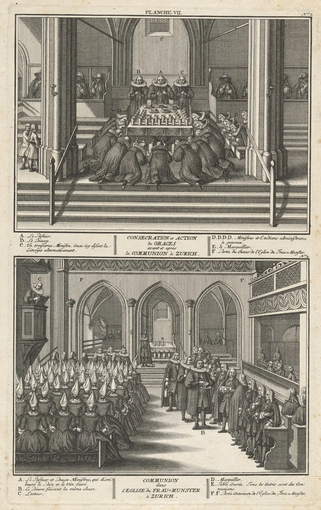 Consecration et Action de Graces avant et après la Communion à Zurich; Communion dans l’Eglise du Fraumunster à Zurich (Consecration and Communion at the Fraumunster, Zurich), by David Herrliberger, ink, 1751