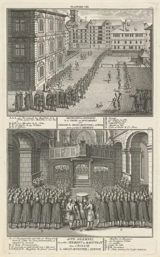 Procession des Bourgeois de la Tribu des Boulangers vers l’Eglise du Grossmunster à Zurich, pour y prêter le Serment; Acte Solemnel de prêter Serment au Magistrat dans l’eglise du Grossmunster à Zurich (Procession and Sermon at the Grossmunster), by David Herrliberger