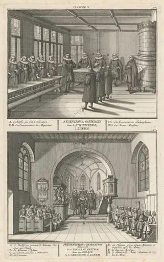 Reception des Candidats dans le St. Ministere, à Zurich; Presentation et Ordination Solemnelle d’un Nouveau Pasteur dans une Eglise de la Campagne de Zurich (Reception of the Candidates and Presentation and Ordination of a New Pastor), by David Herrliberger