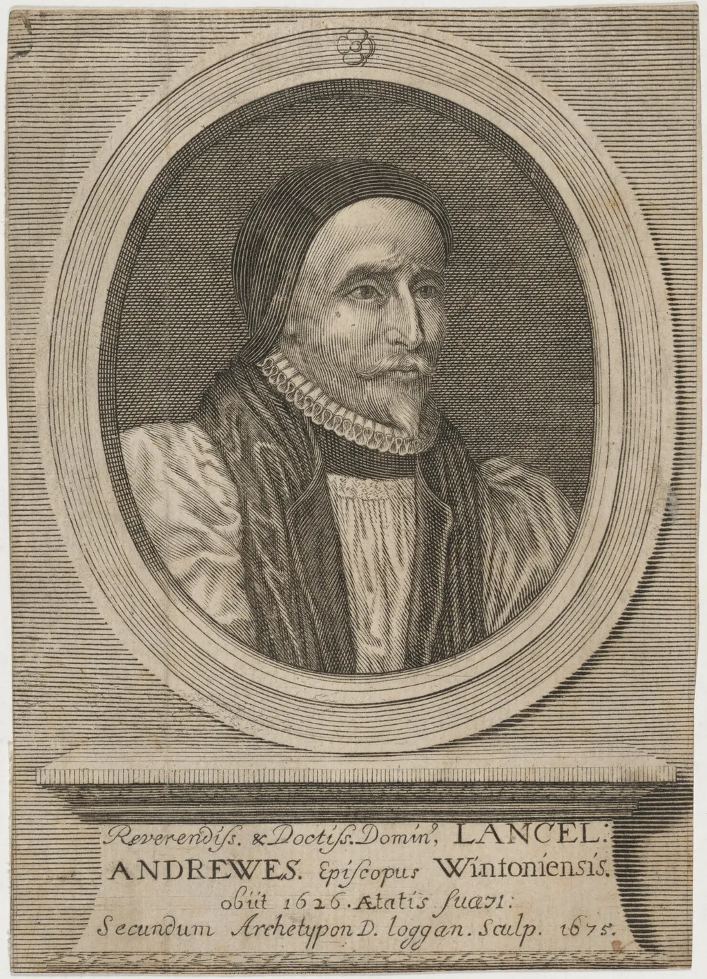 Lancelot Andrewes, Bishop of Winchester, by David Loggan, ink, 1675