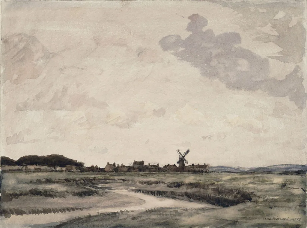 Landscape with Windmill, by David Muirhead, watercolor, 1909